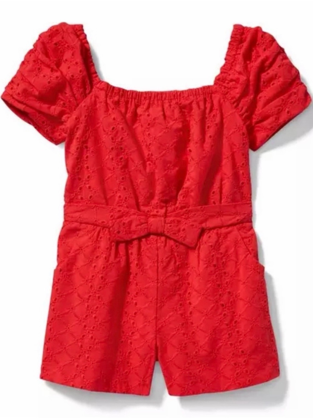 Janie and Jack Red Eyelet Puff-Sleeve Romper with bow Waist Euc size 4